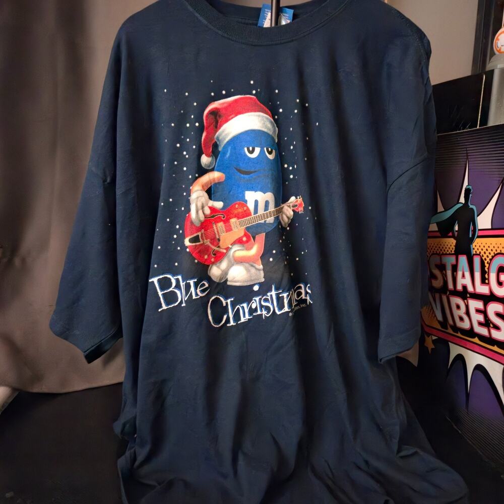 M&M’s Blue Christmas Graphic T-Shirt 3XL Holiday Santa Guitar Tee Gildan Cotton